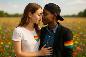image of an interracial LGBTQ couple sharing love in a sunlit field with rainbow symbols vibrant flowers and soft bokeh background photo