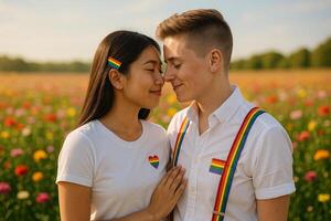 image of LGBTQ couple showing love in colorful flower field under warm sunlight with rainbow symbols and romantic atmosphere photo