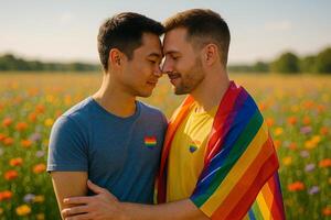 image of a gay couple Asian and European embracing with love in a sunny wildflower field wearing rainbow symbols with warm light and soft bokeh in a peaceful atmosphere photo