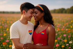 image of LGBTQ couple showing love in a colorful flower field with warm sunlight and rainbow symbols expressing diversity pride and tenderness photo