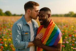 image of a loving gay couple sharing a tender moment in a vibrant wildflower field under warm sunlight expressing pride unity and emotional connection photo