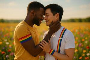 image of a loving LGBTQ couple standing in a colorful flower field showing tender affection under a warm sky expressing love diversity pride and unity photo