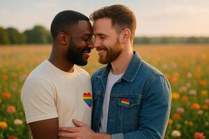 image of a loving LGBTQ interracial couple standing in a vibrant wildflower field under warm sunlight showing pride unity and emotion with rainbow symbols on clothing photo