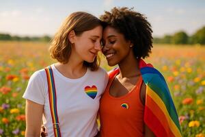 image of an interracial lesbian couple sharing a tender moment in a sunny flower field with rainbow symbols and a soft bokeh background expressing love and unity photo