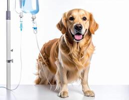 A golden retriever is standing next to an iv drip photo