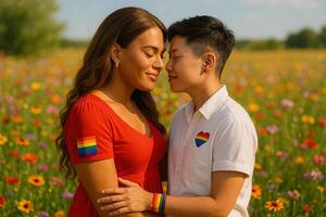 image of a transgender woman and butch Asian partner expressing love in a colorful flower field under warm sunlight with rainbow pride symbols and soft peaceful background photo