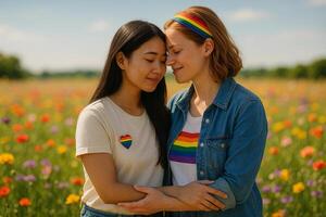 image of an LGBTQ couple Asian and European woman embracing with love in a sunny colorful wildflower field wearing rainbow symbols with soft bokeh and peaceful background photo