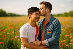 image of LGBTQ couple showing love in colorful flower field under warm sunlight with rainbow-themed outfits and soft background for emotional storytelling. photo
