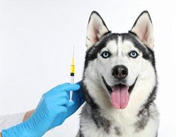 A person is holding an injection needle to a dog's mouth photo