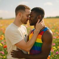 image of a loving interracial gay couple embracing in a sunlit wildflower field wearing rainbow attire symbolizing LGBTQ pride and emotional connection with soft background and warm tones photo