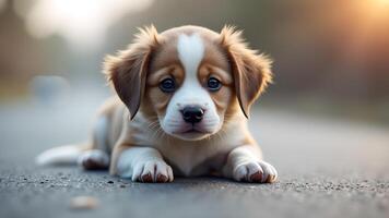 A precious puppy with endearing eyes rests on the asphalt path captivating hearts worldwide offering charm photo