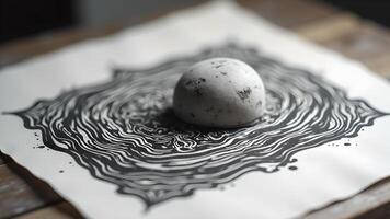 Conceptual art featuring stone sphere resting over intricate black and white mandala design, art concept photo