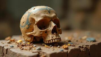 An artistic rendition of a human skull with decorative patterns evoking themes of mortality and symbolism photo