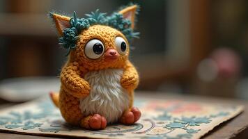 Cute and endearing handmade crochet toy with a whimsical floral crown sitting pretty on design surface photo