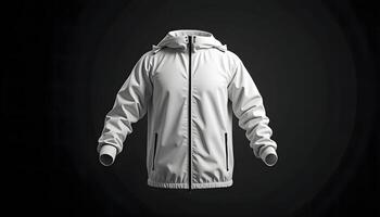 Stylish White Hooded Jacket Display on Dark Background for Apparel Mockup photo