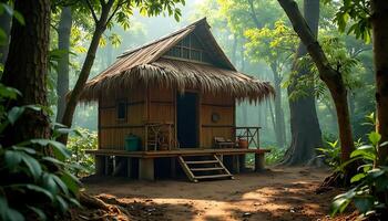 Tropical Hut in Forest Glade with Warm Light and Greenery photo