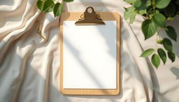 Clipboard with Blank Paper on Fabric with Houseplant and Paperclip photo