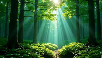 Sunlight Streaming Through Green Forest Trees Along a Peaceful Path photo
