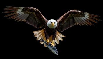 Bald Eagle Flying with Fish Isolated on Black Background - Hunting Predator photo