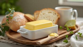 Serving of Fresh Butter with Bread and Coffee on Wooden Tray photo