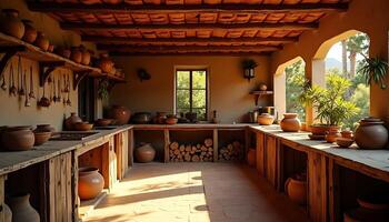 Pottery Collection on Wooden Shelves and a Table in Rustic Room photo