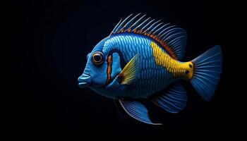 Swimming Blue and Yellow Fish on Black Background Close Up View photo