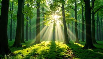 Sunlight Streaming Through Forest Trees Creating a Magical Green Scenery photo