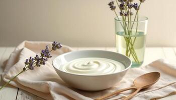 Creamy Yogurt in Bowl with Lavender and Wooden Spoons on Table photo