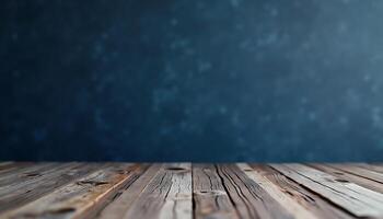 Rustic Wooden Table with Dark Blue Background for Product Display photo