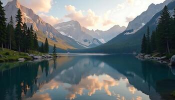 Calm Mountain Lake Reflecting Sky and Clouds with Evergreen Trees photo