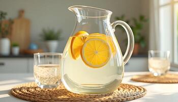 Refreshing Lemonade in Glass Pitcher with Lemon Slices and Clean Background photo