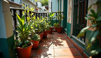 Potted Plants Line a Sunlit Balcony with Terracotta Tiles and Iron Railing photo