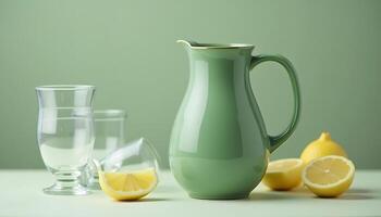 Refreshing Lemonade Still Life with Pitcher and Glasses on Green Backdrop photo