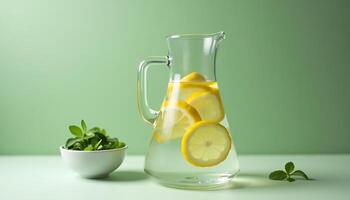 Refreshing Lemon Water in Glass Pitcher with Mint on Green Backdrop photo