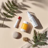 The products are arranged on a table with leaves and flowers photo