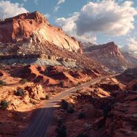 A road in the desert with mountains in the background photo