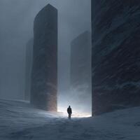 A man walking through a snowy field with two large pillars in the background photo