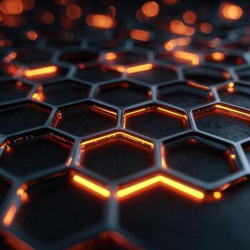 3d rendering of a hexagonal pattern of glowing orange lights photo