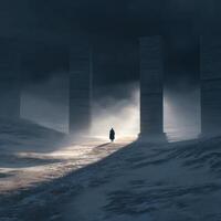 A person walking through a snowy field with pillars in the distance photo