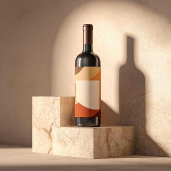 A wine bottle sitting on a stone block photo