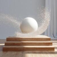A white sphere is sitting on a wooden platform photo