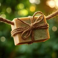 A soap bar wrapped in rope hanging from a tree photo