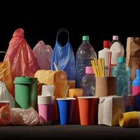 Plastic bags, plastic bottles, and paper cups are arranged on a black background photo