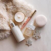 A white fur coat, a bottle of perfume, a bottle of perfume, a bottle of perfume photo