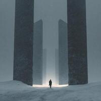 A man standing in front of two tall pillars photo