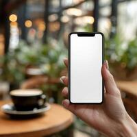 Woman holding a smartphone mockup on a table with a coffee cup photo