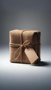 A brown box wrapped in burlap tied with a tag photo