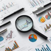 Business charts and graphs with pen and magnifying glass on top of papers photo