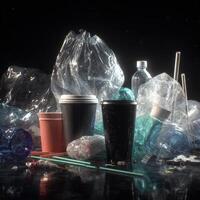 Plastic waste and disposable cups on a black surface photo