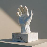 A white marble sculpture of a hand on a block photo